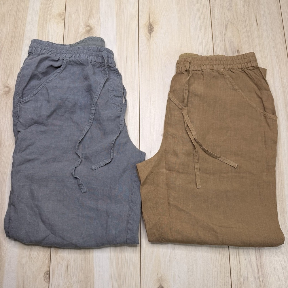 Wrap London Women's Brown And Gray Linen Pants Sz 12 Tapered Elastic Waist